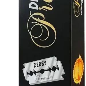 A package of Derby Premium double edge razor blades, made of Swedish steel and designed to fit most double edge safety razors, containing 100 blades in 20 dispensers.