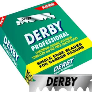 A pack of 100 Derby professional single edge stainless steel razor blades designed for straight, barber, cutthroat, and shavette razors.