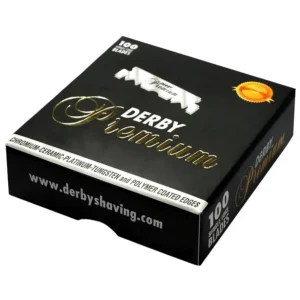 A pack of 100 Derby Tokai premium black half razor blades made with Swedish steel.