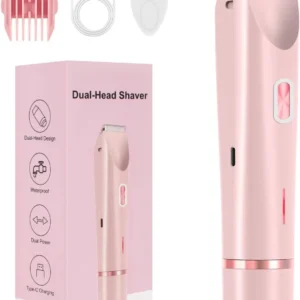 Telfun Dermave cordless electric bikini shaver for women, battery powered, featuring dual heads for silky and painless hair removal on legs, face, arms and underarms.