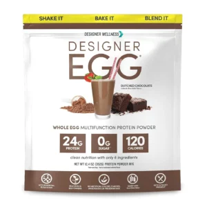Designer Wellness Dutch Chocolate egg protein powder contains 24 grams of protein per serving, is low in calories and fat, and provides essential nutrients.