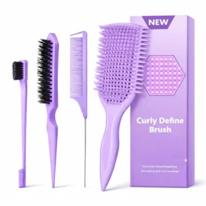 Purple 4-in-1 detangling brush set for curly hair, including a curl defining brush, bristle brush, detangling brush, and pintail comb, designed for effortlessly detangling wet or dry hair without pulling.