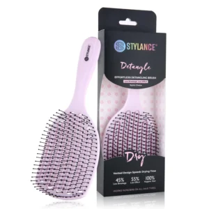 Pink detangling brush with wide-tooth design gently smoothing wet or dry hair to minimize breakage and split ends.