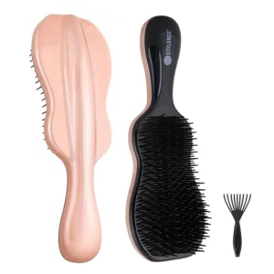 Rose-colored detangling hair brush with ergonomic handle and wide bristles, ideal for styling natural, wavy, curly, coily, wet, dry, thick, straight, and long hair, and perfect for DIY hair coloring.
