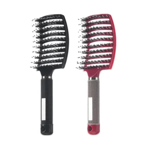 This 2-pack of ELECDON detangling hair brushes, in black and red, features a curved, vented design to gently massage the scalp and distribute oils while styling and detangling wet or dry hair.