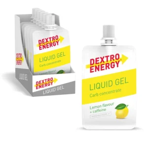 Twelve individual packets of Dextro Energy liquid energy gel with a refreshing lemon flavor provide a quick burst of energy for athletes during running or cycling.