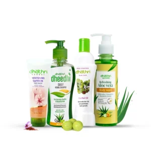 Dhathri daily essentials combo with herbal shampoo, Ayurvedic conditioner, Neem face wash and Oushadha soap for healthy hair and skin.