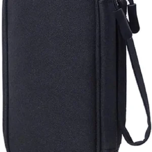 Black diabetic supplies travel case organizer bag with compartments for storing a glucose meter, test strips, insulin pens, and other diabetes accessories.