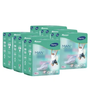 Dignity Man Light Incontinence Pads provide discreet and comfortable leakage protection for men with light urine loss, featuring odor control, an antibacterial finish, and a secure adhesive strip for a perfect fit.