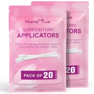 This image shows a 40 pack of individually wrapped, easy-to-use disposable applicators that fit size 00 capsules, suppositories, and tablets for feminine care.