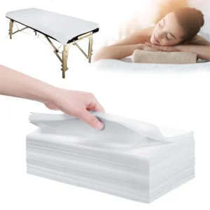 Fifty disposable non woven bed sheets for massage table in white color, size 31 x 71 inches are breathable, waterproof and hygienic.