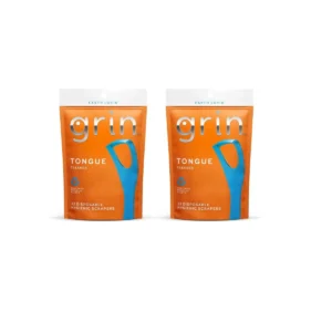 Two-pack of disposable tongue scrapers with fold-back dental picks for deep teeth cleaning and fresh breath.