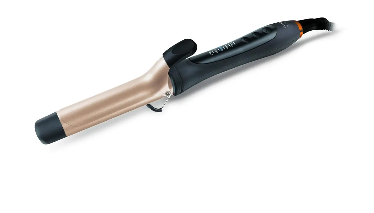 The Diva Pro Styling PRO312 digital tong features a 32mm ceramic barrel infused with macadamia, argan oil, and keratin for creating shiny, smooth curls.