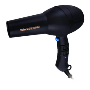 The Diva Pro Veloce 3800 Pro Dryer is a 2200W professional hairdryer with ionic conditioning for faster drying, reduced frizz and added shine, and includes two concentrator nozzles and a UK/EU plug adapter.