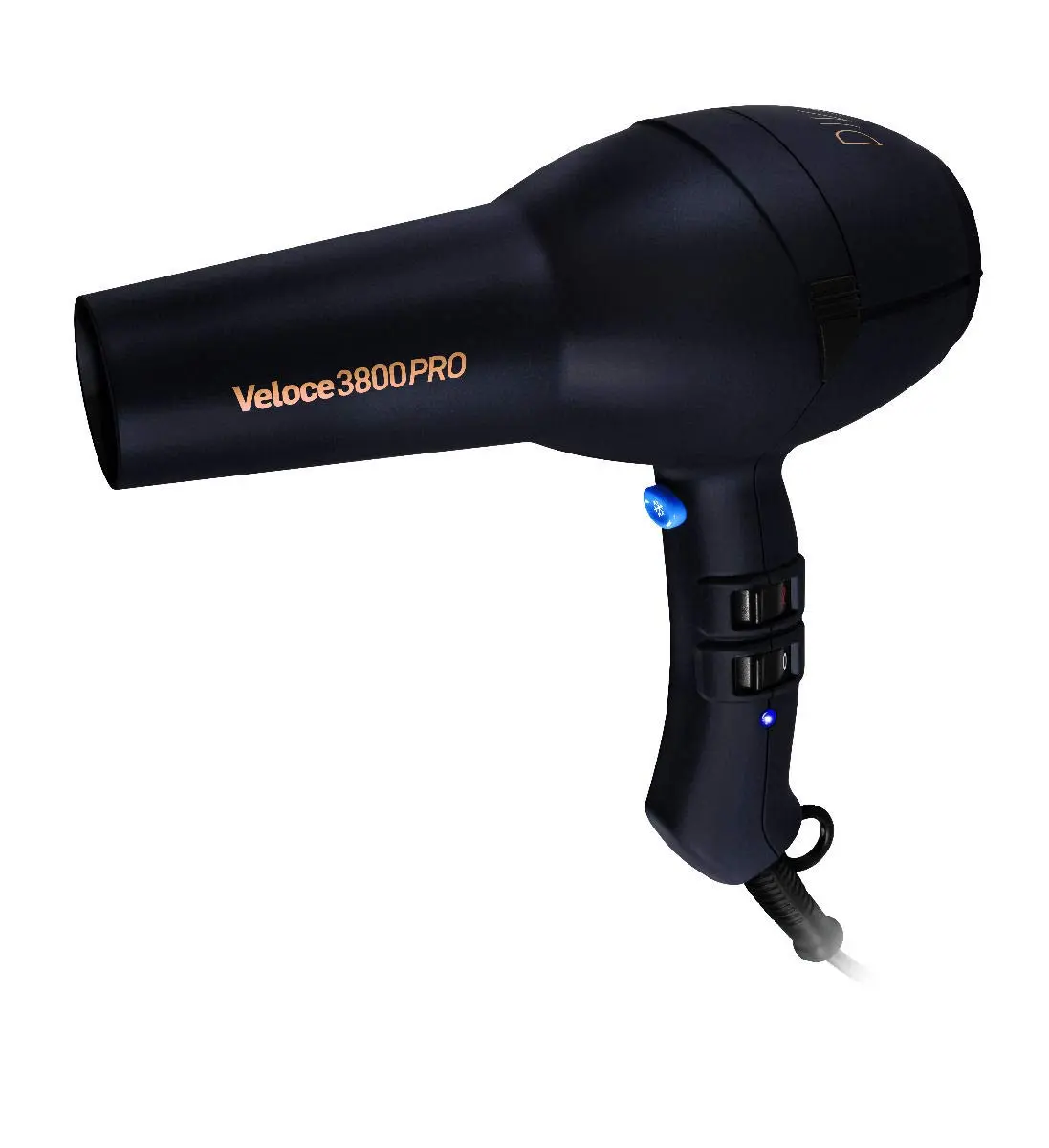 The Diva Pro Veloce 3800 Pro Dryer is a 2200W professional hairdryer with ionic conditioning for faster drying, reduced frizz and added shine, and includes two concentrator nozzles and a UK/EU plug adapter.