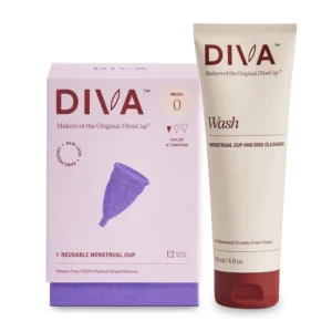 The DivaCup and Diva Wash combo pack offers a sustainable period care solution with a reusable medical-grade silicone menstrual cup and a plant-based cleaner.