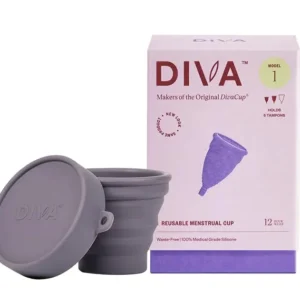 DivaCup Model 1, a reusable menstrual cup made of medical grade silicone, accompanied by a Diva shaker for quick and easy on-the-go cleansing, suitable for medium to heavy flow days and up to 12 hours of wear.