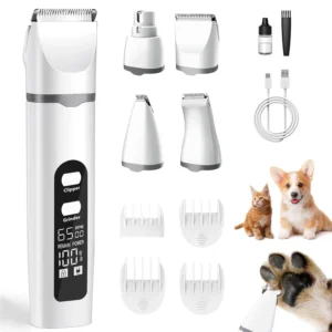 This all-in-one dog grooming kit includes a cordless, low-noise trimmer with multiple heads for body, paw, and nail grooming, plus an LED screen for battery display, making it perfect for safe and easy pet hair trimming.