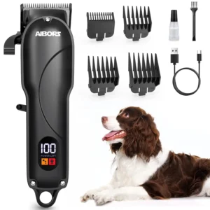 Aibors low noise dog clippers are displayed, highlighting their cordless design and adjustable length settings for grooming thick coats on dogs, cats, and other pets.