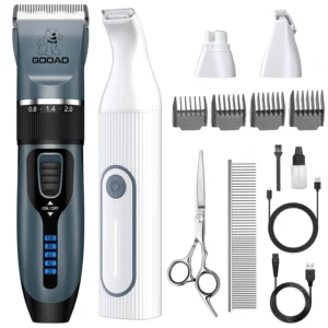 Complete dog grooming kit with low noise clippers, rechargeable paw trimmer, nail grinder and other accessories for trimming thick hair and coats on small and large dogs and cats.