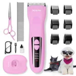 Pink cordless dog clippers with adjustable taper lever and six guard combs provide a quiet and comfortable grooming experience for dogs and cats.