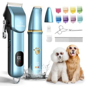 This dog grooming kit includes cordless clippers, guide combs, scissors, and a steel comb perfect for grooming pets with thick coats while minimizing noise.
