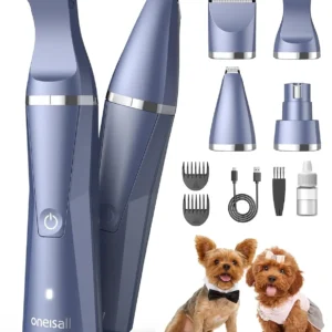 This 4 in 1 dog grooming kit includes clippers, a paw trimmer, and a nail grinder for easily grooming small dogs and cats at home.