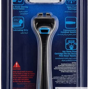 The Dorco Pace 3 razor features three blades, an ergonomic handle, an upgraded lubricating strip, and a pivoting head for a smooth and comfortable shave.