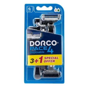 A pack of Dorco Pace 4 men's disposable razors featuring four blades, a pivoting head, a rubber grip handle, a rubber fin guard bar, and an open flow blade design.