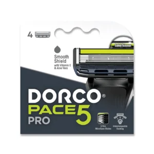 A close-up of DORCO Pace 5 Pro razor blade refills featuring 5 micro span blades, a lubricating strip, sleekflow guard bar, and a safety trimmer.