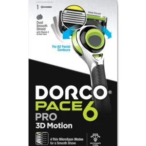 The Dorco Pace 6 Pro razor features 3D Motion Technology, a Dual SmoothShield Lubricating Strip, a Safe Trimmer, and comes with two cartridges for a close and comfortable shave.