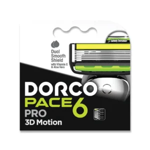 A pack of Dorco Pace 6 Pro razor blade refills featuring 3D Motion Technology, six blades, dual lubricating strip with Vitamin E, Aloe Vera & Argan Oil, safety trimmer, and open flow cartridge.