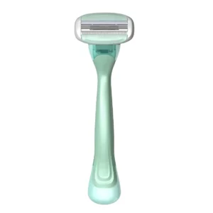The Dorco Shai 3 Creamy women's razor features a dual wide moisture bar with vitamin E, aloe vera, argan, and avocado oil, plus a 3-blade system with micro comb guard bar for a close and comfortable shave.