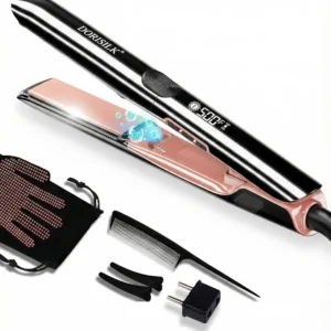 DORISILK professional hair straightener and curler with plasma technology, dual voltage, and rapid heating for salon-quality results at home or while traveling.