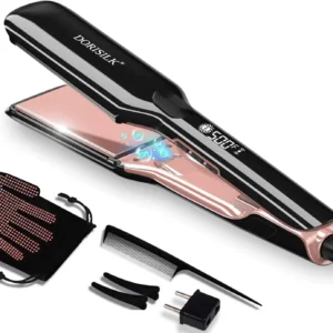 The DORISILK 2 in 1 hair straightener and curling iron features plasma technology for frizz-free, shiny salon-quality results up to 500°F.