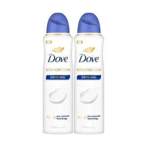Two cans of Dove Advanced Care Original antiperspirant deodorant spray offering 72-hour sweat and odor protection while moisturizing and repairing skin with Pro-Ceramide Technology.