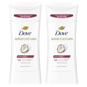 This is a Dove Advanced Care Caring Coconut antiperspirant deodorant stick, offering 72-hour odor and sweat protection with a gentle jasmine and coconut fragrance, while replenishing skin and aiding in repair after shaving.