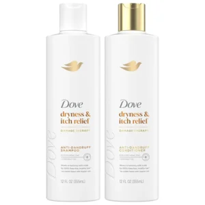 Dove DermaCare Scalp anti-dandruff shampoo and conditioner set designed to relieve dryness and itchy scalp, leaving hair flake-free.