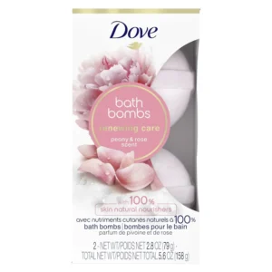 This image shows two Dove Nourishing Secrets bath bombs with peony and rose scent, designed to create a relaxing and fragrant bath experience.
