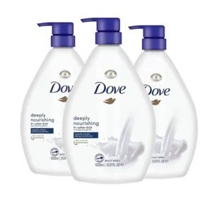 This pack of three 1000ml Dove body washes with integrated pumps is dermatologically tested and deeply nourishes skin with its ultra-gentle, 1/4 moisturising formula.