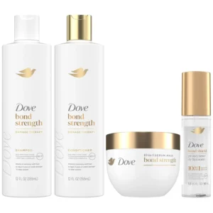 The Dove bond repair set strengthens damaged hair with shampoo, conditioner, bond shield serum, and a peptide complex mask for visibly healthier, smoother hair.