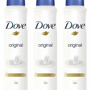Image shows three cans of Dove Women Original Anti-Perspirant Deodorant Spray providing up to 48-hour protection.