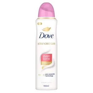 Dove Advanced Care Even Tone antiperspirant deodorant spray for women, providing 72-hour sweat and odor protection with a peach blossom and rice milk scent.