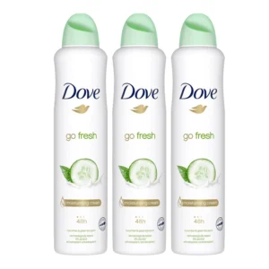 Three cans of Dove Go Fresh Cucumber anti-perspirant deodorant spray for women offer long-lasting sweat and odor protection with a clean, fresh scent, alcohol-free formula, and 1/4 moisturizers in a compressed aerosol.