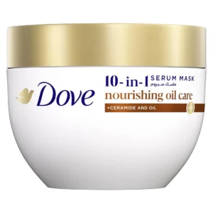 Dove 10-in-1 Nourishing Oil Care serum mask deeply nourishes dry hair in just one minute with Bio-Protein Care, ceramide and oil, delivering 10 transformative benefits.