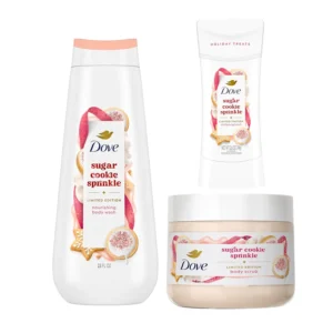 Three bottles of Dove Limited Edition Holiday Sugar Cookie body wash provide soft, hydrated skin with a delicious sugar cookie scent for a festive shower experience.