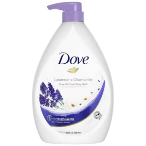 Large pump bottle of Dove Lavender and Chamomile body wash with plant-based moisturizers for soft, healthy skin.
