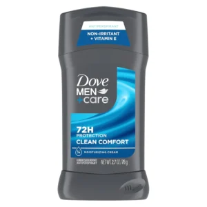 Dove Men+Care Clean Comfort deodorant stick provides 72-hour sweat and odor protection with Vitamin E and moisturizers for comfortable underarms.