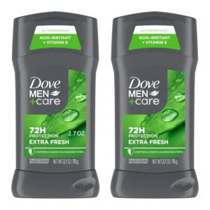 Two Dove Men+Care Extra Fresh antiperspirant deodorant sticks providing 72-hour sweat and odor protection with a long-lasting citrus scent and 1/4 moisturizing cream for comfortable underarms.