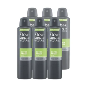 This is a pack of six Dove Men+Care Extra Fresh anti-perspirant sprays, offering 48-hour powerful protection, made in the United States, with package dimensions of 9x6x3 inches and a weight of 2.4 pounds.